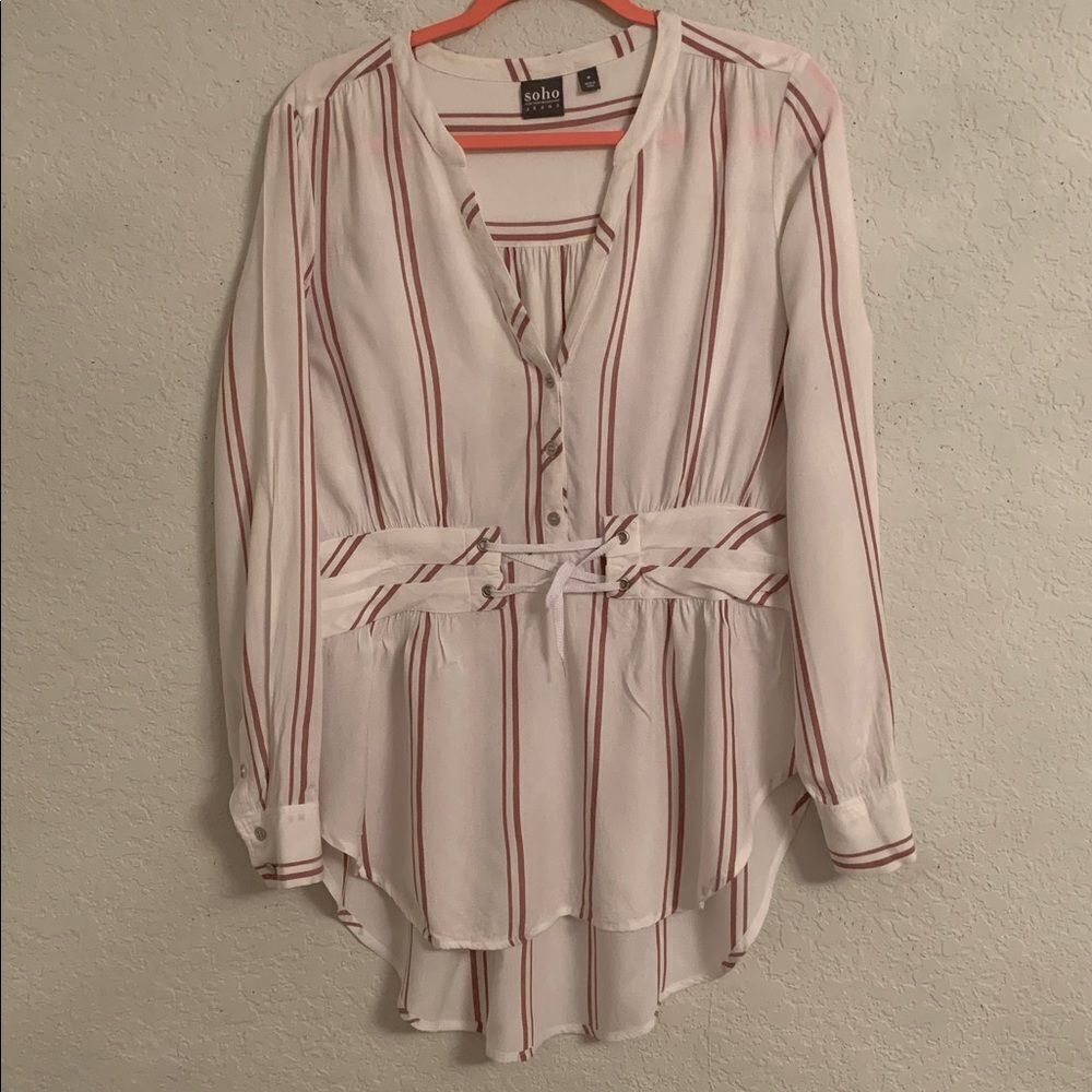 Soho NY & Co Jeans Striped Blouse V-Neck Long Sleeve Tie Front Size M
